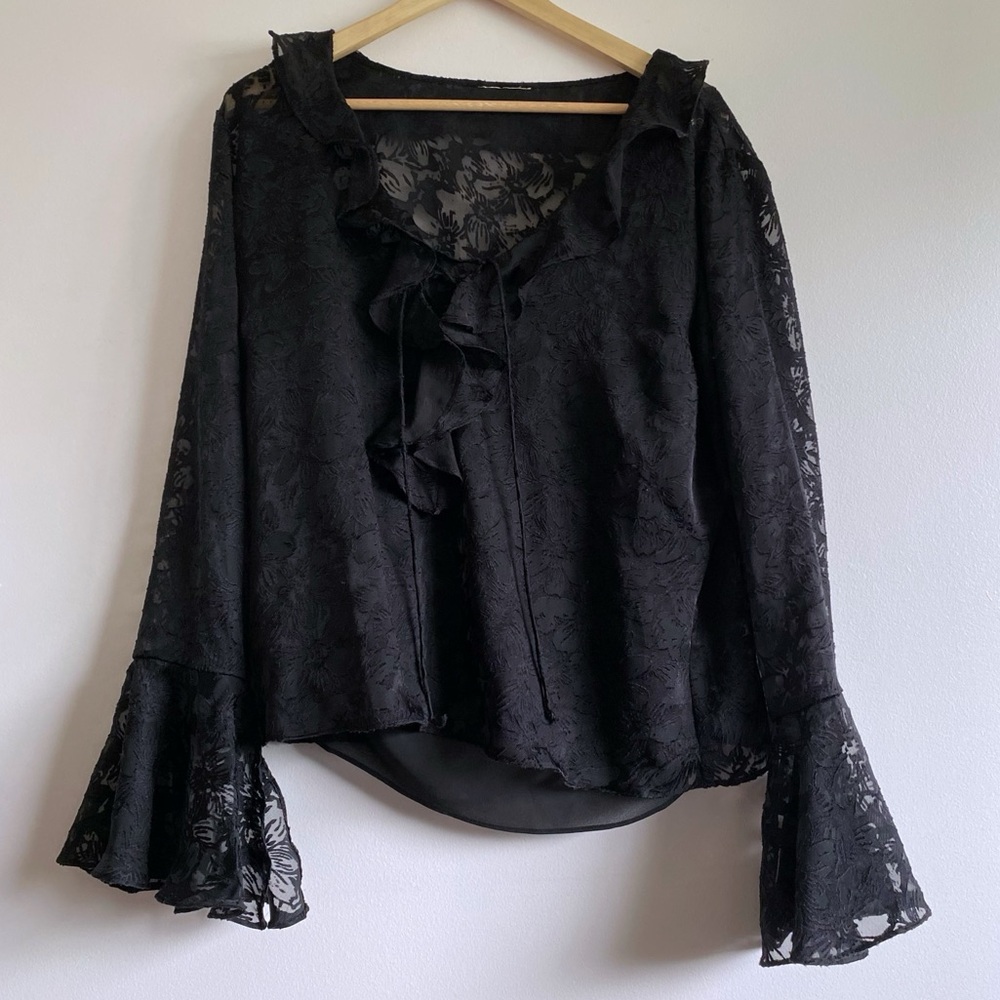 2/$16 Vintage Lace Black Bell Sleeve Sheer Top with Tank